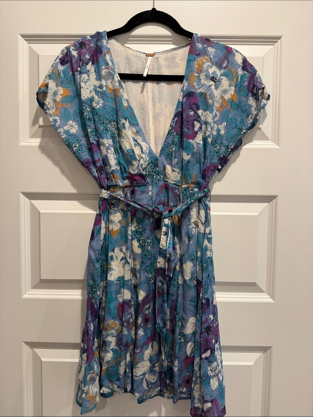 Free People Teal Floral V-Neck Belted Dress with Purple Accents